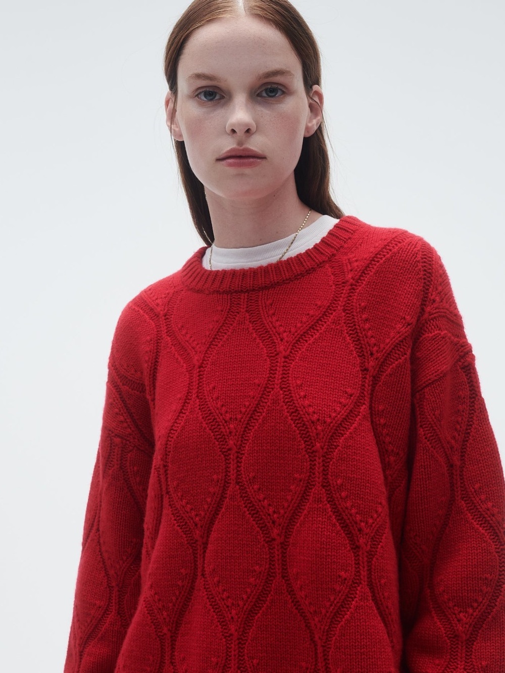Red Cable Knit Crewneck Sweater guest in residence
